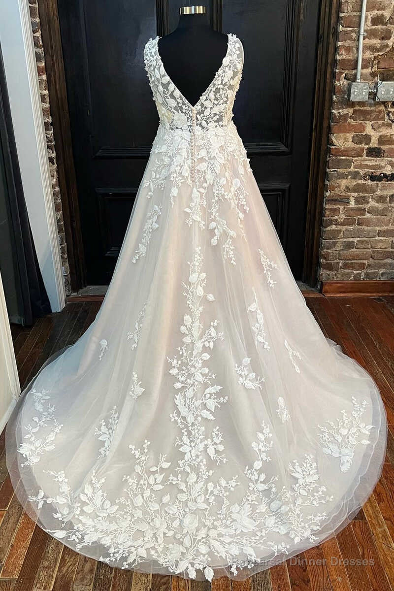 Ivory Appliques V-Neck Backless A-Line Long Wedding Dress