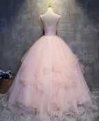Pink Round Neck Tulle Lace Long Evening Prom Dress, Lace Formal Dress