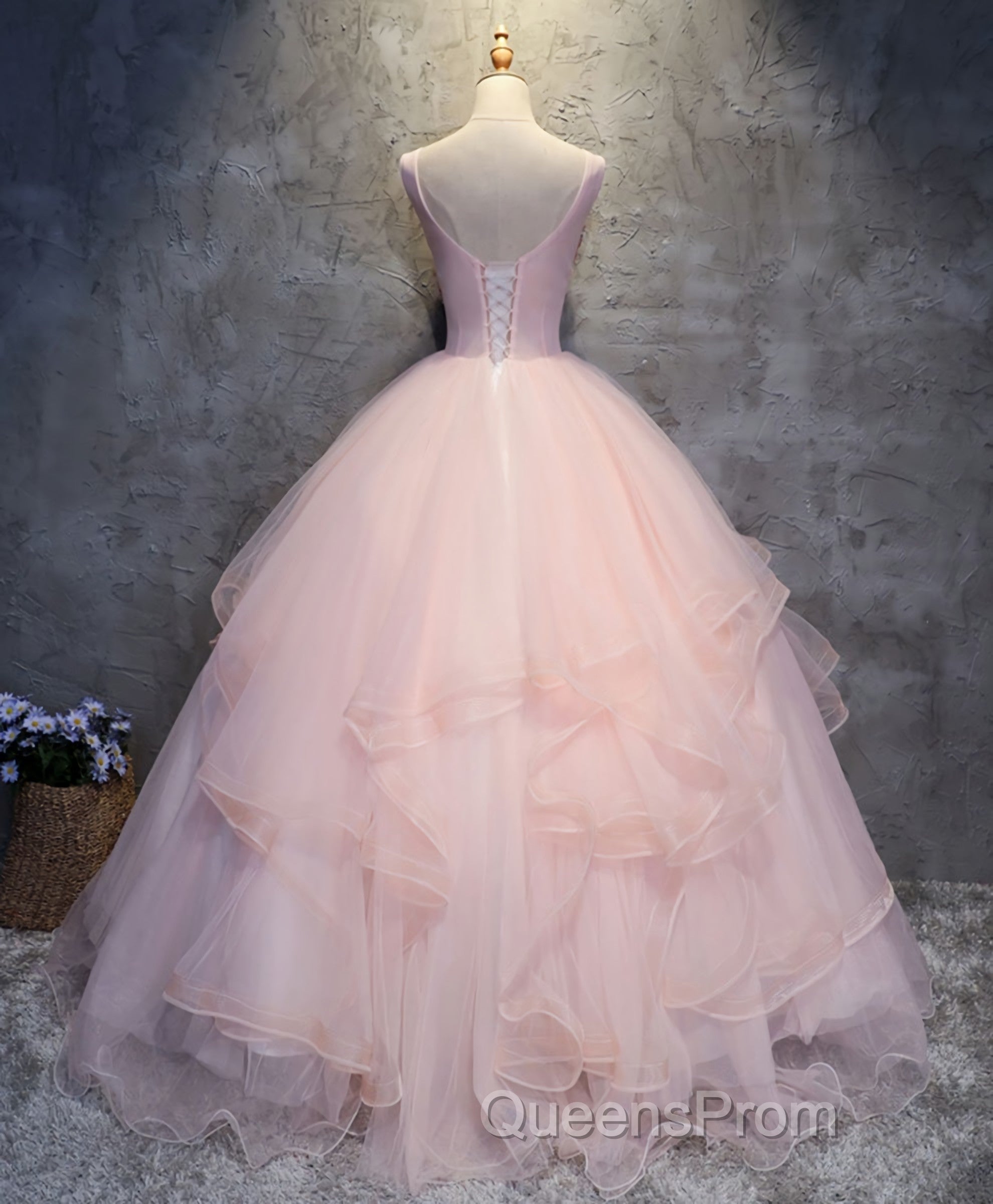 Pink Round Neck Tulle Lace Long Evening Prom Dress, Lace Formal Dress