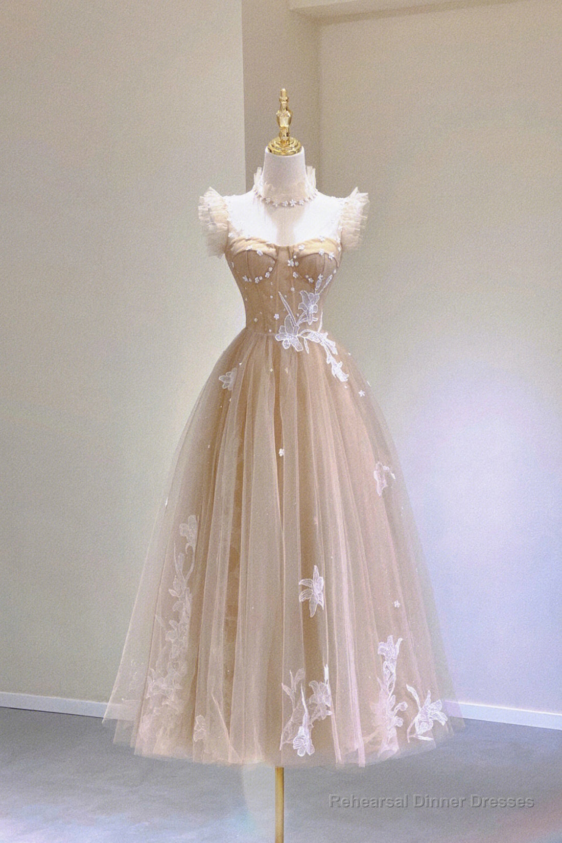 Champagne Lace Tea Length Prom Dresses, A-Line Evening Dresses Main image