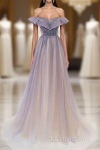 Purple Off Shoulder Tulle Sequin Long Evening Prom Dress, Purple Evening Dress