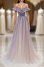 Purple Off Shoulder Tulle Sequin Long Evening Prom Dress, Purple Evening Dress