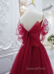 Wine Red Tulle V-Neckline Off Shoulder With Bow, Wine Red Tulle Long Evening Prom Dress