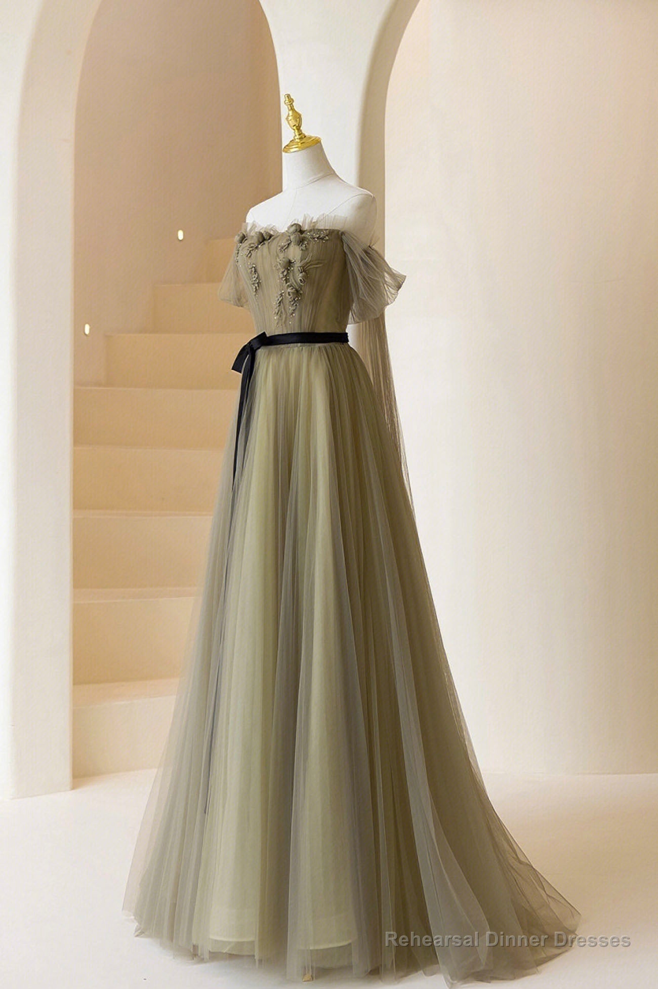 A-Line Tulle Long Prom Dress, Off the Shoulder Formal Evening Dress Main image