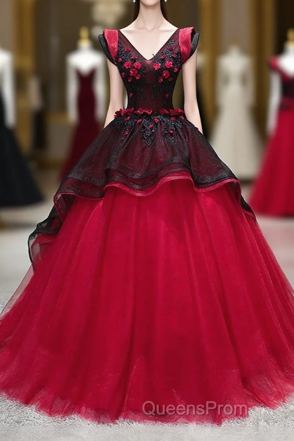 Unique Burgundy V Neck Tulle Long Evening Prom Dress, Burgundy Evening Dress Main image