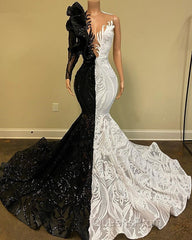 Hot Half Black Half White One shoulder Long Sleeves Mermaid Evening Prom Dress