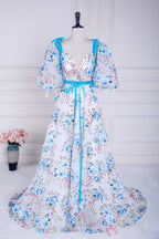 Blue and White Floral Bow Tie Straps A-line Long Evening Prom Dress with Slit
