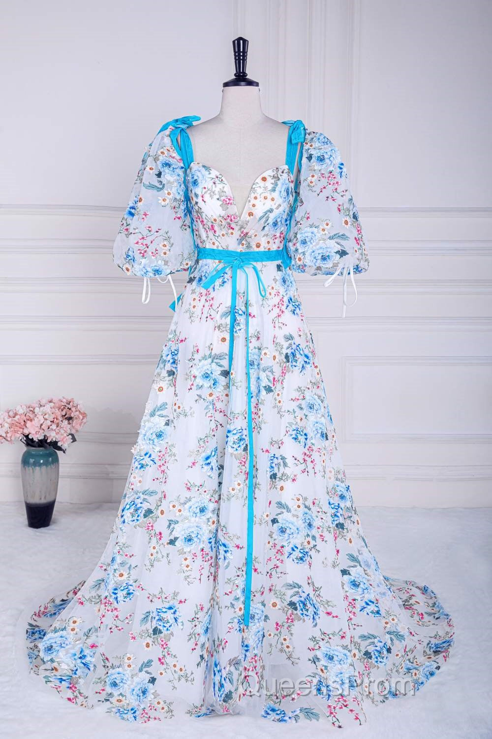 Blue and White Floral Bow Tie Straps A-line Long Evening Prom Dress with Slit