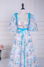 Blue and White Floral Bow Tie Straps A-line Long Evening Prom Dress with Slit