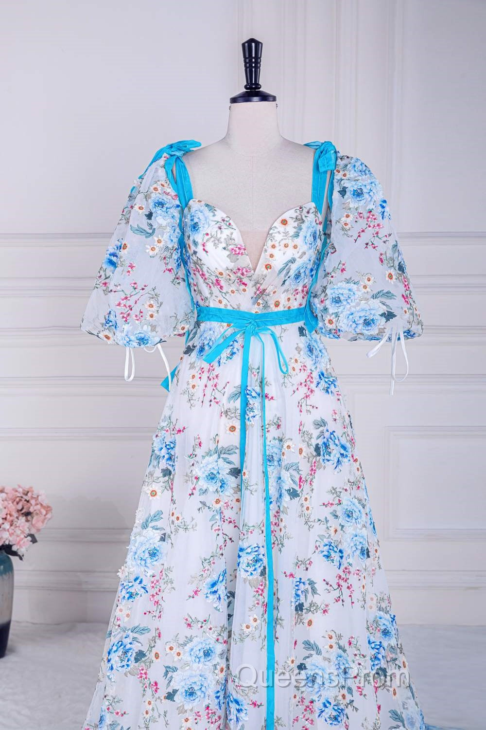 Blue and White Floral Bow Tie Straps A-line Long Evening Prom Dress with Slit