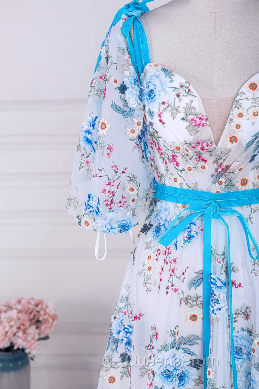 Blue and White Floral Bow Tie Straps A-line Long Evening Prom Dress with Slit