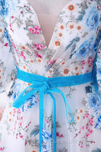 Blue and White Floral Bow Tie Straps A-line Long Evening Prom Dress with Slit