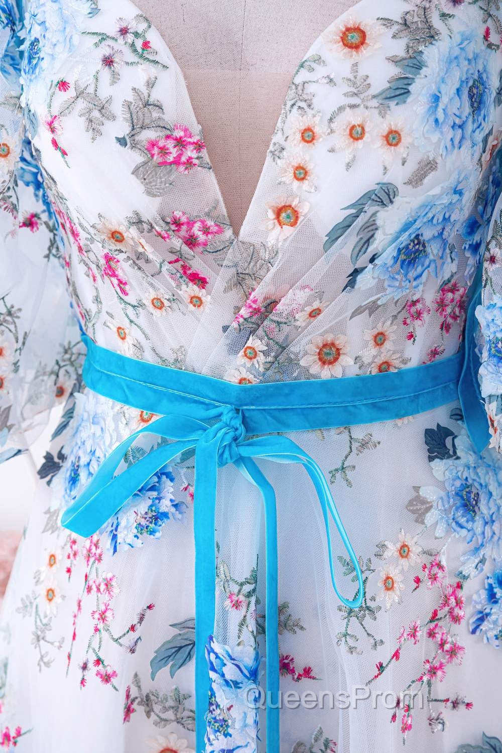 Blue and White Floral Bow Tie Straps A-line Long Evening Prom Dress with Slit