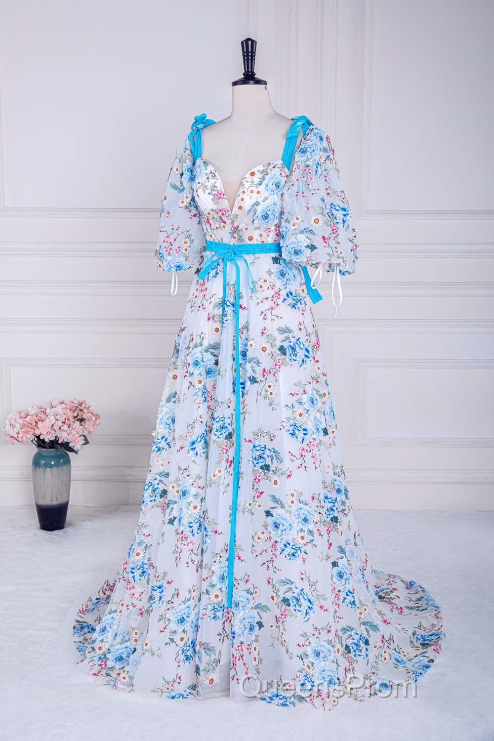 Blue and White Floral Bow Tie Straps A-line Long Evening Prom Dress with Slit Secondary image