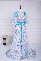 Blue and White Floral Bow Tie Straps A-line Long Evening Prom Dress with Slit