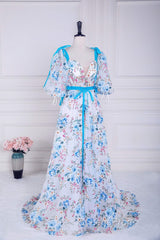 Blue and White Floral Bow Tie Straps A-line Long Evening Prom Dress with Slit