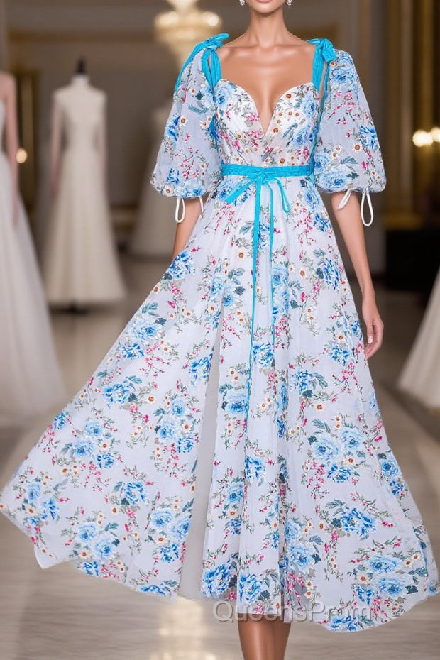 Blue and White Floral Bow Tie Straps A-line Long Evening Prom Dress with Slit Main image
