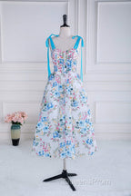 Blue and White Floral Bow Tie Straps A-line Tea-Length Evening Prom Dress