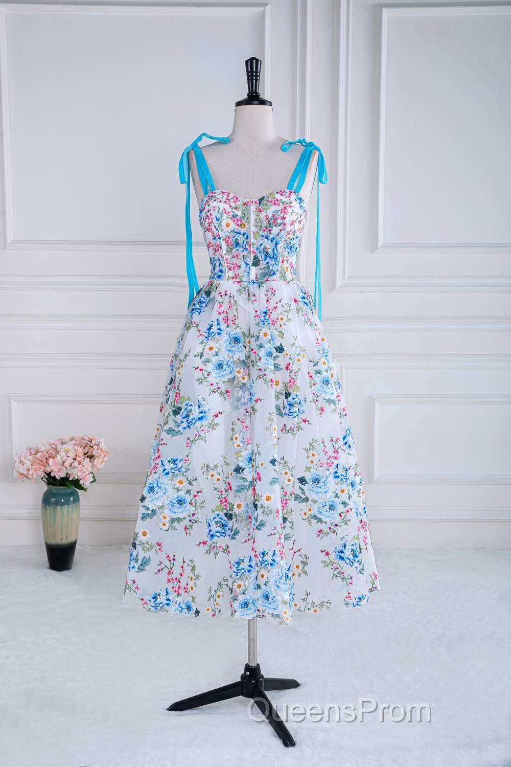 Blue and White Floral Bow Tie Straps A-line Tea-Length Evening Prom Dress