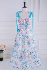 Blue and White Floral Bow Tie Straps A-line Tea-Length Evening Prom Dress