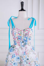 Blue and White Floral Bow Tie Straps A-line Tea-Length Evening Prom Dress
