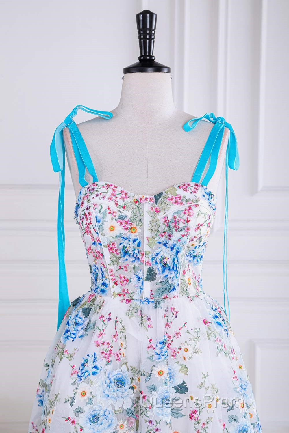 Blue and White Floral Bow Tie Straps A-line Tea-Length Evening Prom Dress