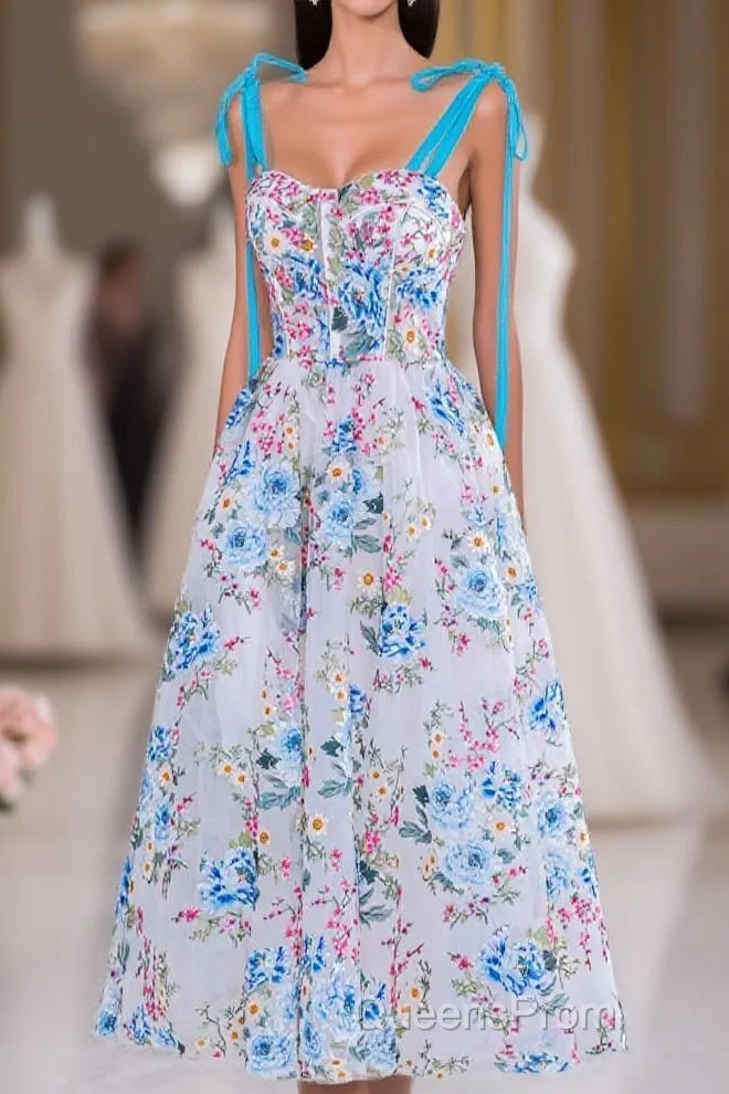Blue and White Floral Bow Tie Straps A-line Tea-Length Evening Prom Dress Main image