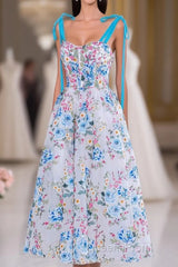 Blue and White Floral Bow Tie Straps A-line Tea-Length Evening Prom Dress