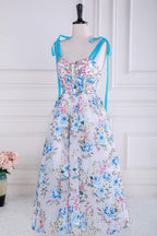 Blue and White Floral Bow Tie Straps A-line Tea-Length Evening Prom Dress