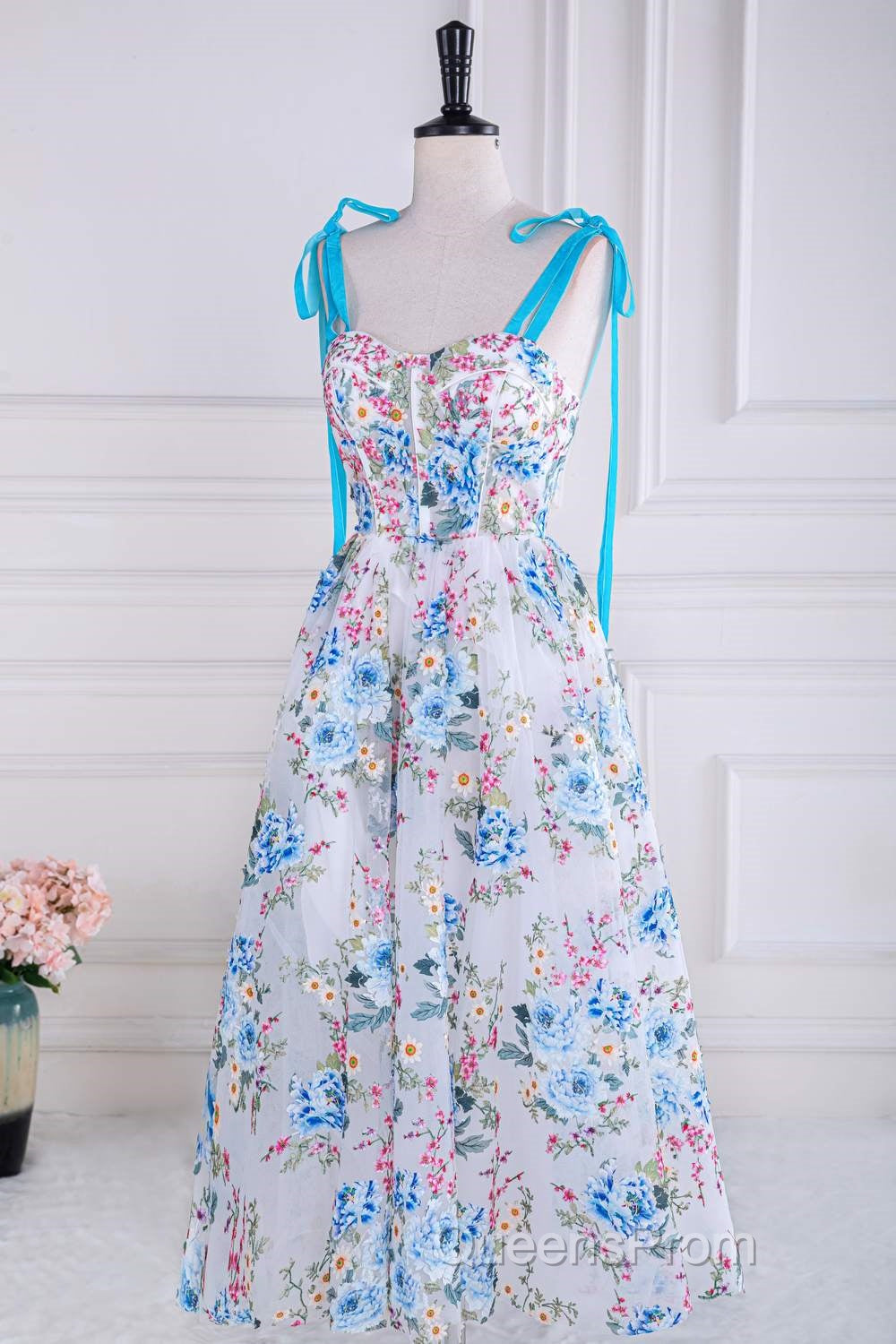 Blue and White Floral Bow Tie Straps A-line Tea-Length Evening Prom Dress