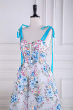 Blue and White Floral Bow Tie Straps A-line Tea-Length Evening Prom Dress