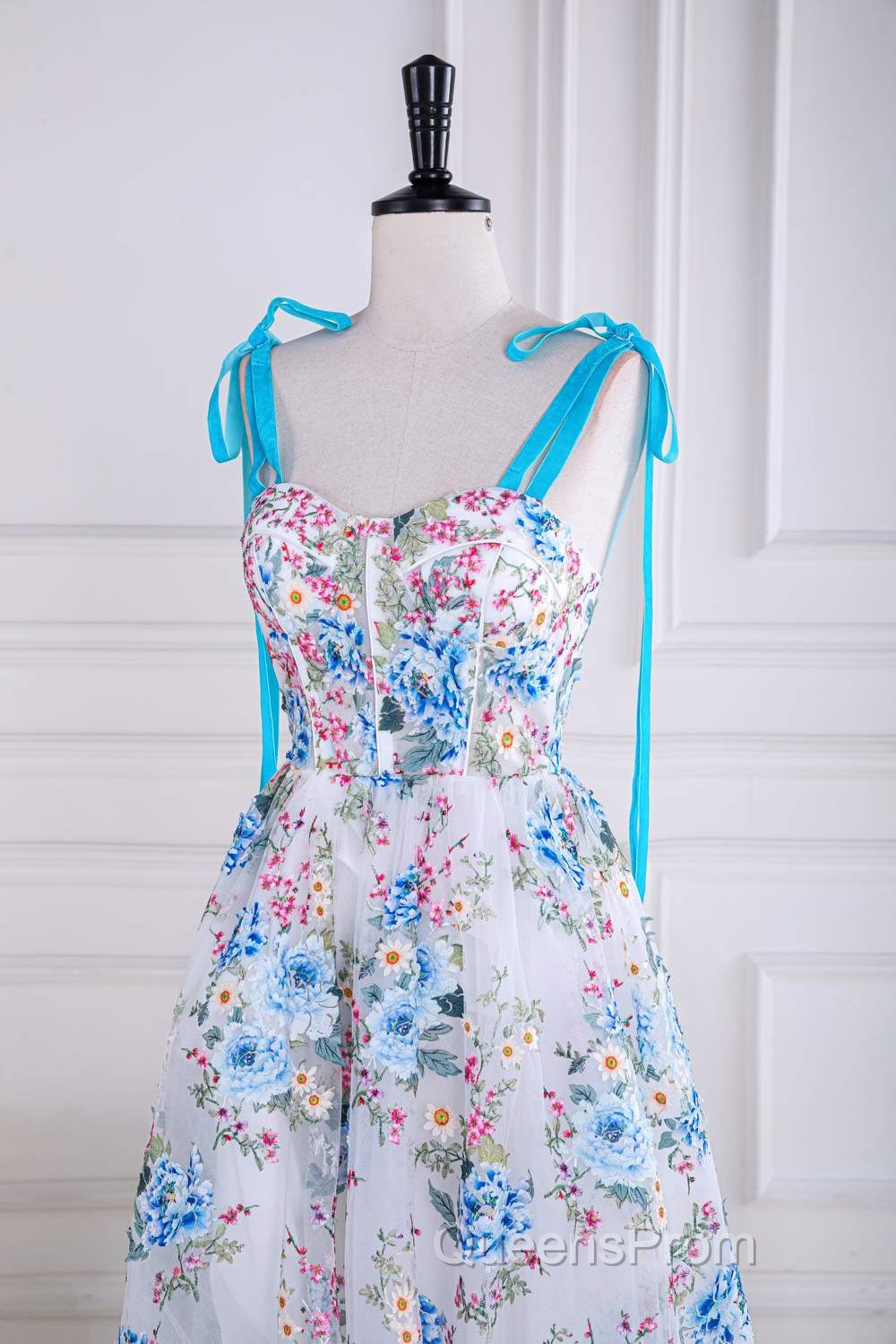 Blue and White Floral Bow Tie Straps A-line Tea-Length Evening Prom Dress