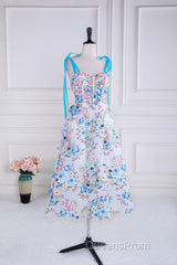 Blue and White Floral Bow Tie Straps A-line Tea-Length Evening Prom Dress
