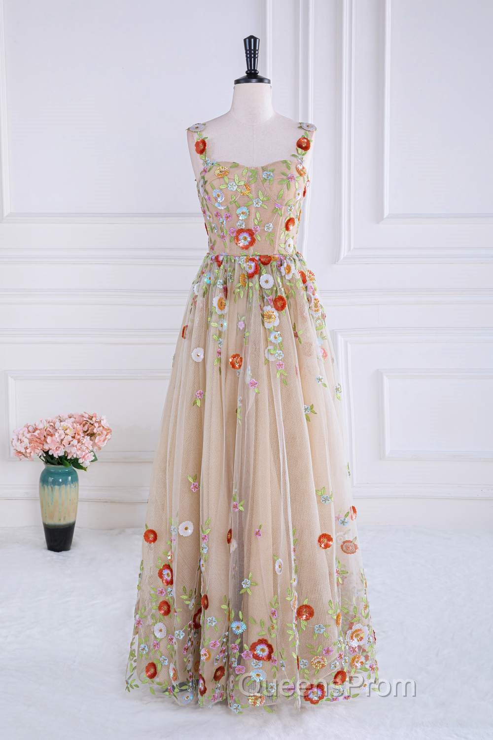 Dusty Pink Sequined Floral Appliques A-line Long Evening Prom Dress