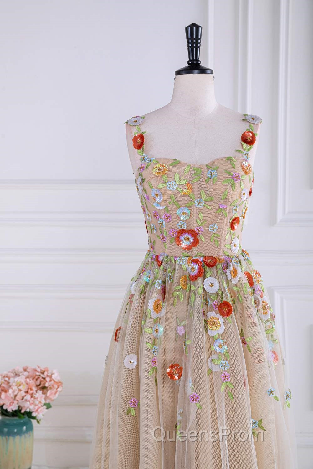 Dusty Pink Sequined Floral Appliques A-line Long Evening Prom Dress