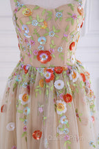 Dusty Pink Sequined Floral Appliques A-line Long Evening Prom Dress