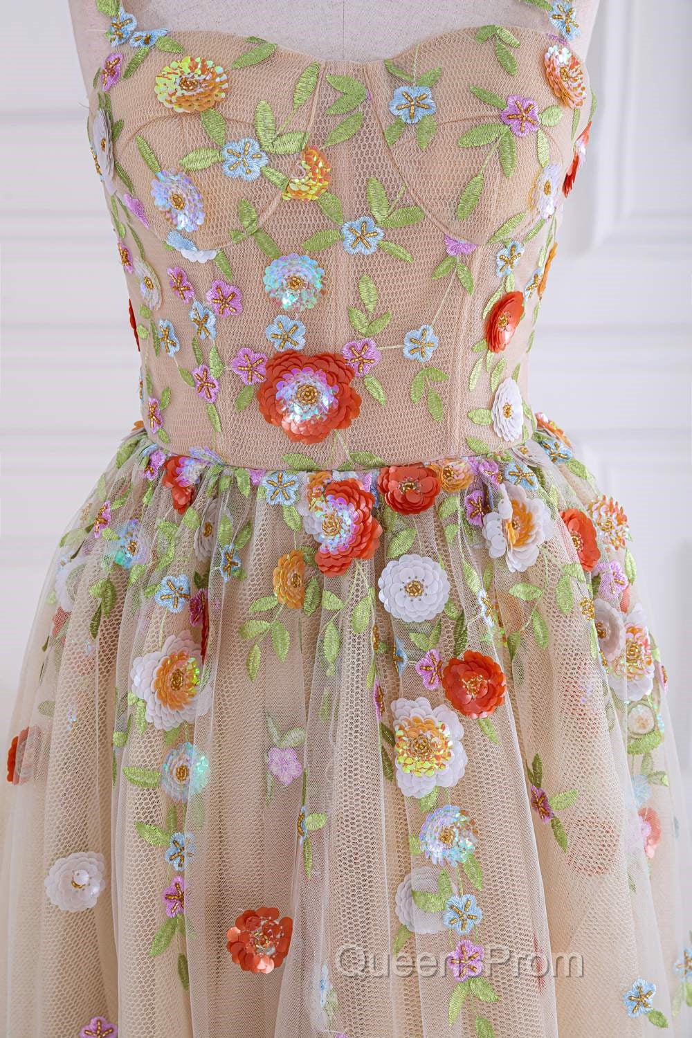 Dusty Pink Sequined Floral Appliques A-line Long Evening Prom Dress