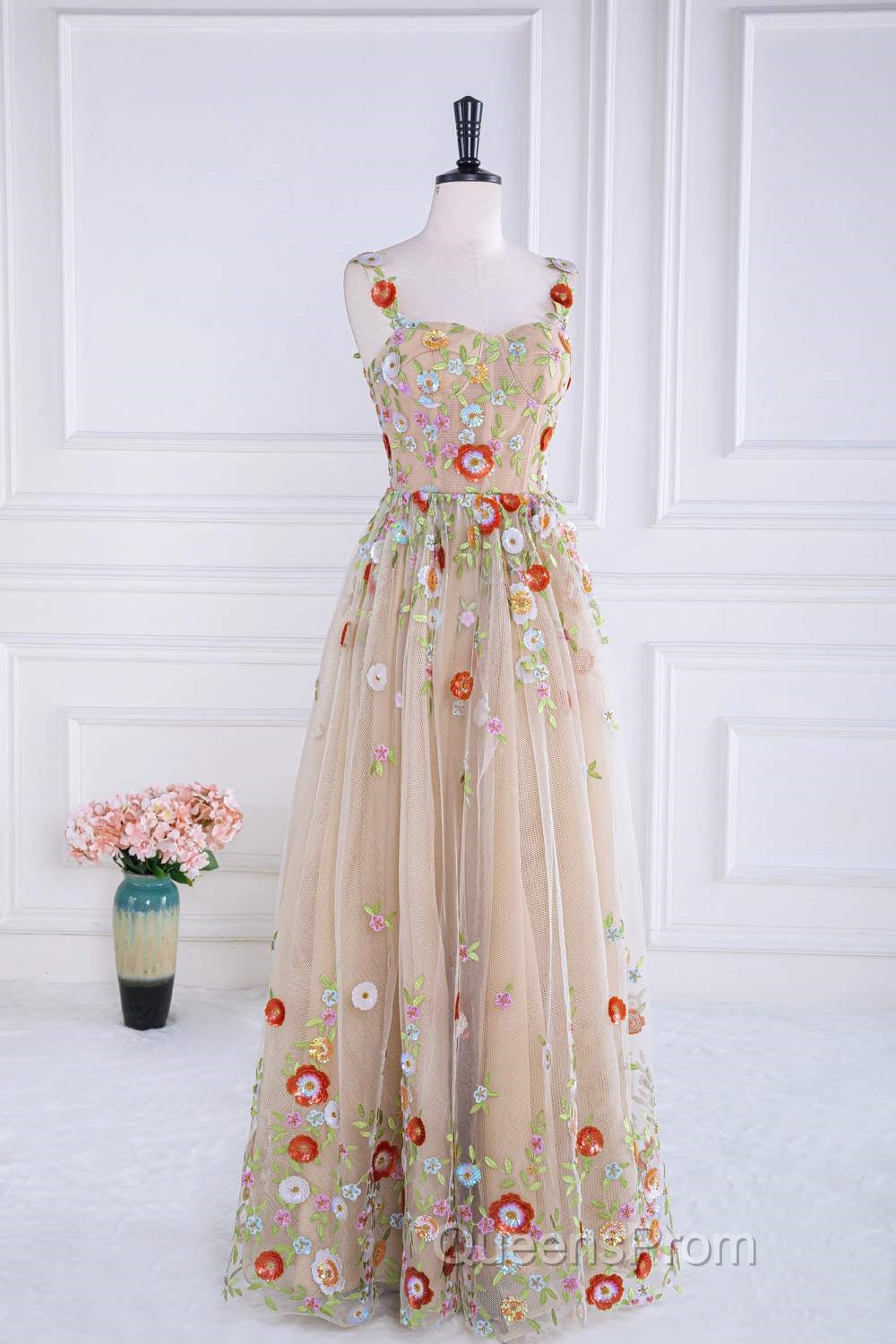 Dusty Pink Sequined Floral Appliques A-line Long Evening Prom Dress Secondary image