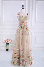 Dusty Pink Sequined Floral Appliques A-line Long Evening Prom Dress