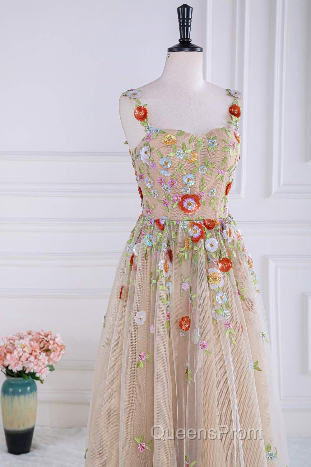Dusty Pink Sequined Floral Appliques A-line Long Evening Prom Dress