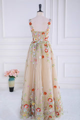 Dusty Pink Sequined Floral Appliques A-line Long Evening Prom Dress