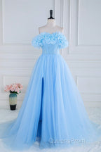 Light Blue Flowers Off-Shoulder A-line Long Evening Prom Dress with Slit
