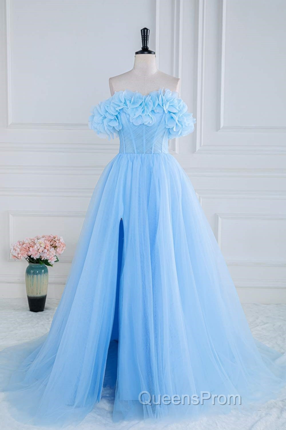 Light Blue Flowers Off-Shoulder A-line Long Evening Prom Dress with Slit