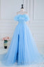 Light Blue Flowers Off-Shoulder A-line Long Evening Prom Dress with Slit