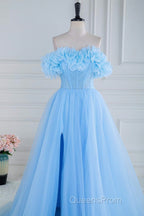Light Blue Flowers Off-Shoulder A-line Long Evening Prom Dress with Slit