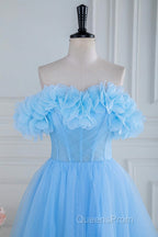 Light Blue Flowers Off-Shoulder A-line Long Evening Prom Dress with Slit