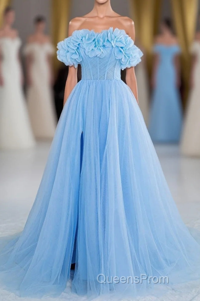 Light Blue Flowers Off-Shoulder A-line Long Evening Prom Dress with Slit Main image