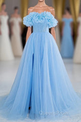 Light Blue Flowers Off-Shoulder A-line Long Evening Prom Dress with Slit