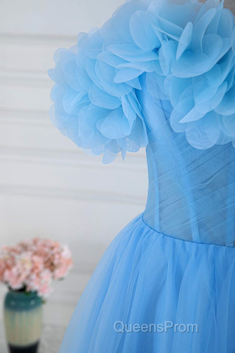 Light Blue Flowers Off-Shoulder A-line Long Evening Prom Dress with Slit