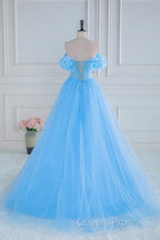 Light Blue Flowers Off-Shoulder A-line Long Evening Prom Dress with Slit